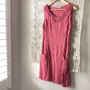 LUNGO L’ARNO clay pink linen dress made in Italy with embroidered neck s…